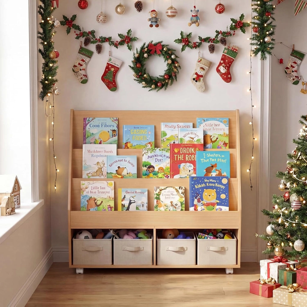 Libreria Montessoriana per Bambini, Scaffale per Giocattoli in Legno con Lavagna e 5 Ruote, Libreria a 3 Ripiani e Scomparti, per Cameretta e Asilo Nido, 90 x 45,5 x 87 cm (Naturale)