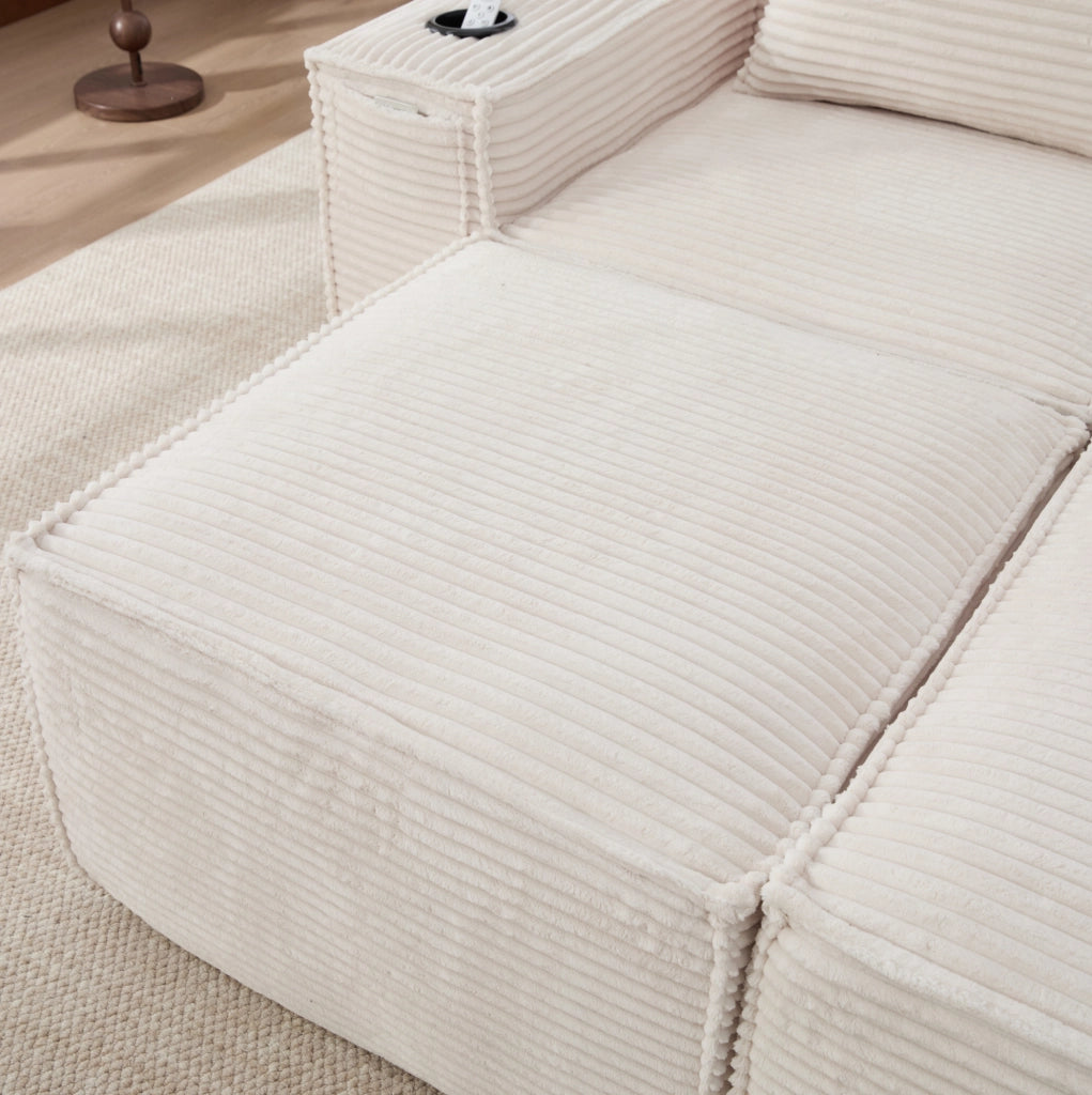 Divano modulare beige in velluto a coste con portabicchieri