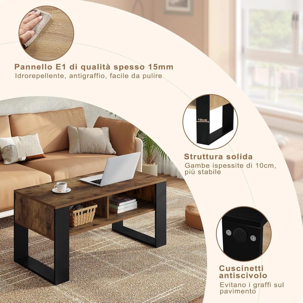 Tavolino da Salotto/Divano con 2 Scomparti Aperti, Tavolino Basso, Tavolo Laterale per Soggiorno, Camera da Letto, in Legno, Marrone Rustico + Nero, 90x45x45 cm, BTS16hov