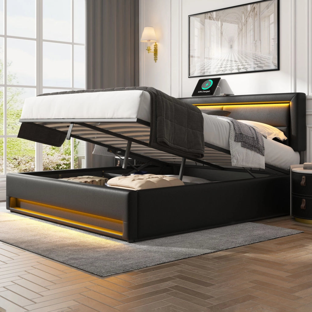 Letti contenitori 140x190 cm; USB; LED e contenitore; PU; nero (Senza materasso)