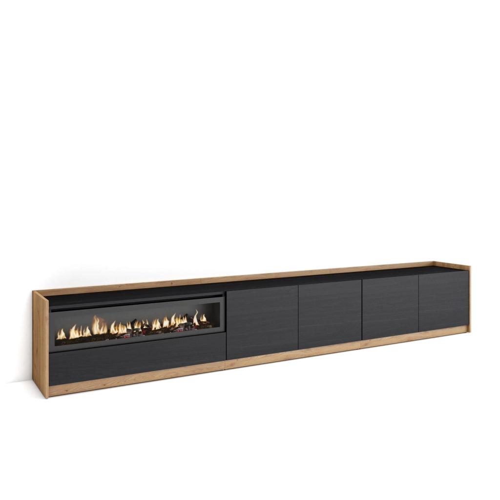 Mobile TV Soggiorno, 310x50x37 cm, Per TV fino a 80", Camino elettrico, Nero e rovere