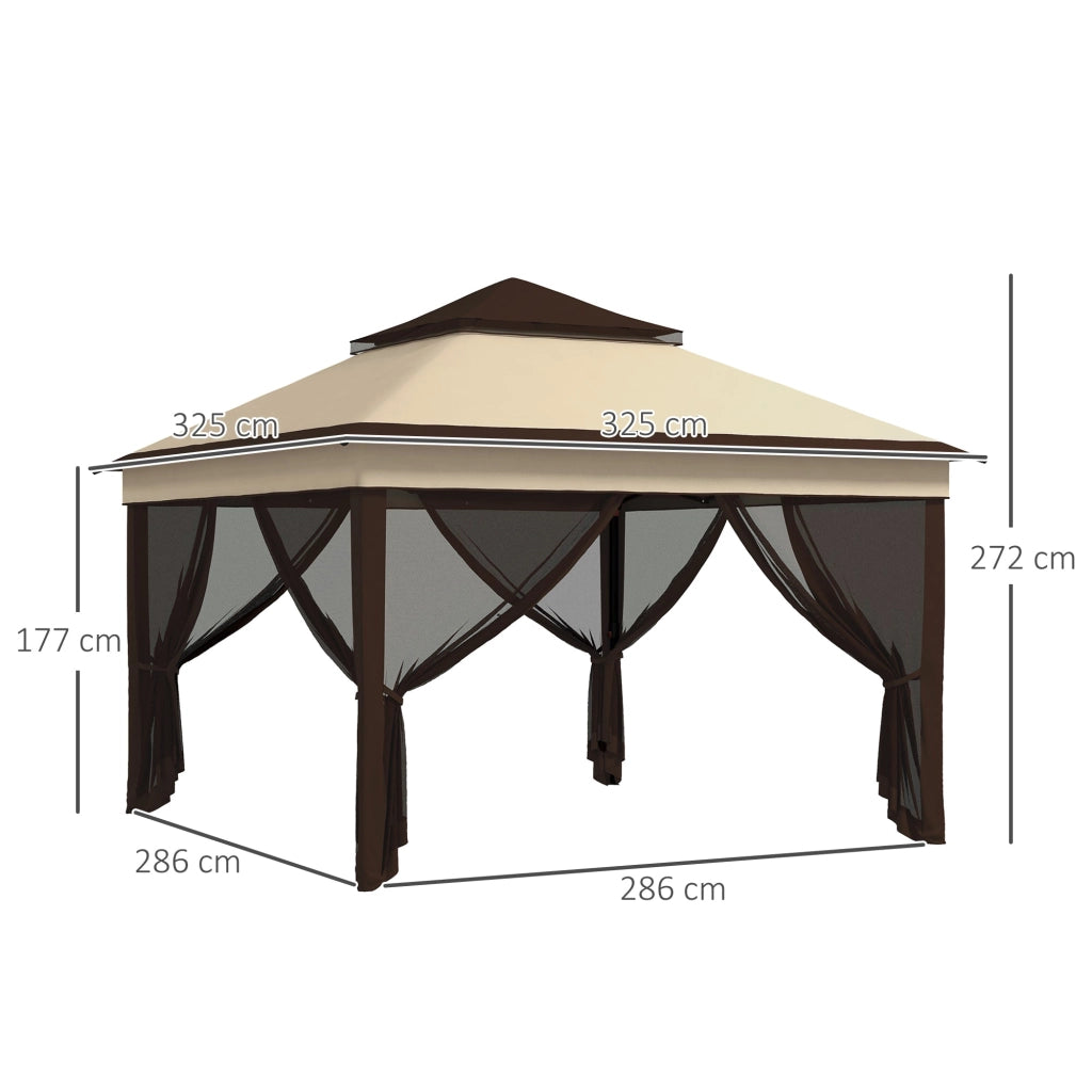 Gazebo Regolabile su 3 Livelli con Pareti Rimovibili 3x3m in Acciaio e tessuto Oxford Caffè e Beige