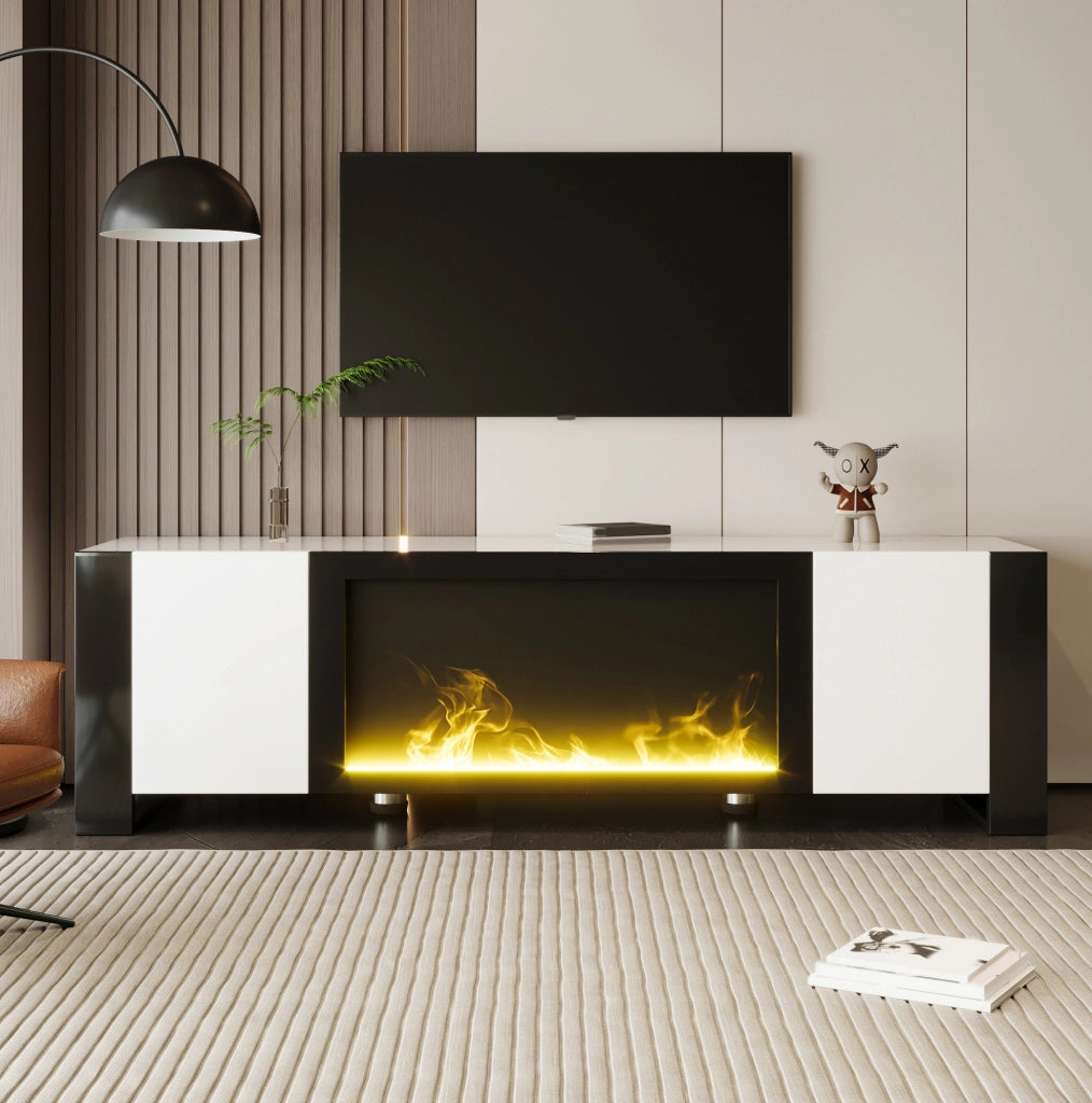 Mobile TV bianco e nero con camino elettrico decorativo 165 cm