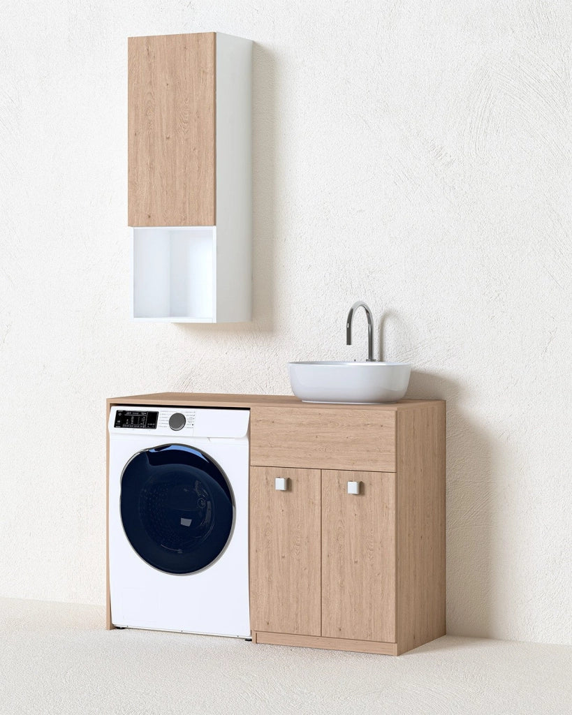 Mobile coprilavatrice Sindy Sx - Contenitore salvaspazio per bagno e lavanderia - Lavatrice non inclusa - Lavandino e Pensile compresi - Virginia - 122x93x60 cm_