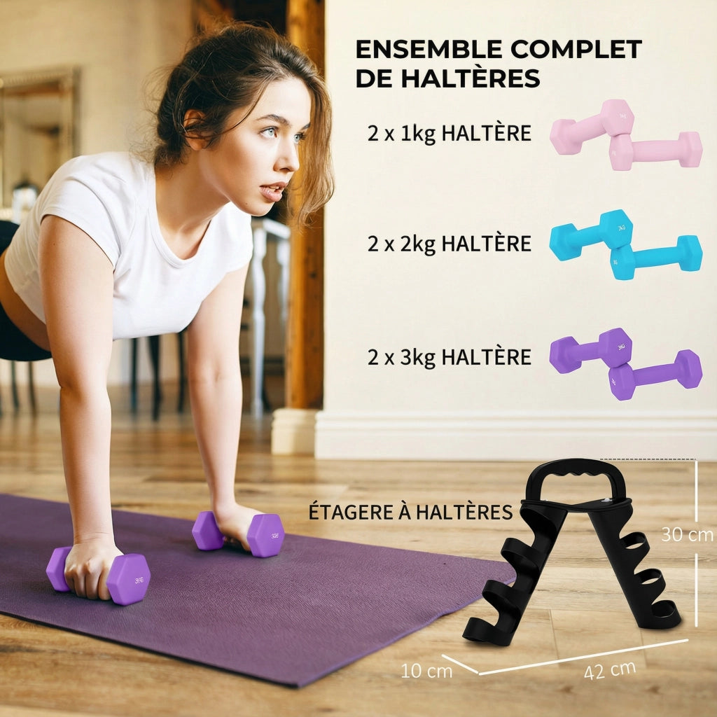 Set di manubri esagonali ¨C zephmum ¨C 2x1kg, 2x2kg, 2x3kg con supporto
