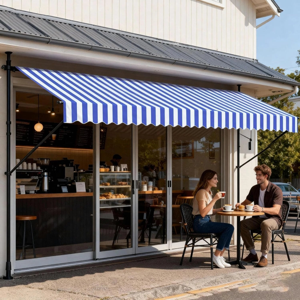 Tenda da sole da balcone, larghezza 400 cm, senza foratura, con manovella, regolabile in altezza, protezione solare resistente alle intemperie, 400 x 120 cm, strisce blu