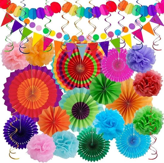Decorazioni - Tema Messicano Ventilatori a Sospensione in Carta - Piume di Carta Regalo - Rete di Bandiere per Festa - Sfogliatelle in Tissue - Pacchetto per Festa - 33 Pezzi