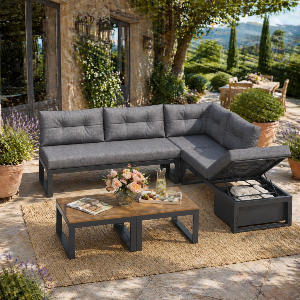Divano Modulare da Giardino con Tavolino; Schienale Regolabile a 3 Posizioni; Poliestere; Grigio