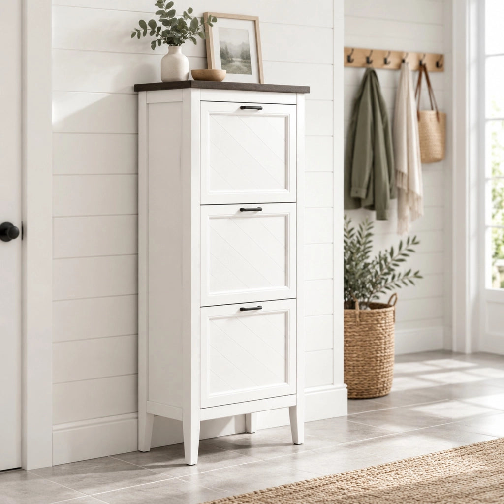 Scarpiera salvaspazio con 3 scomparti a ribalta; 60x26;5x133;7 cm; MDF bianco