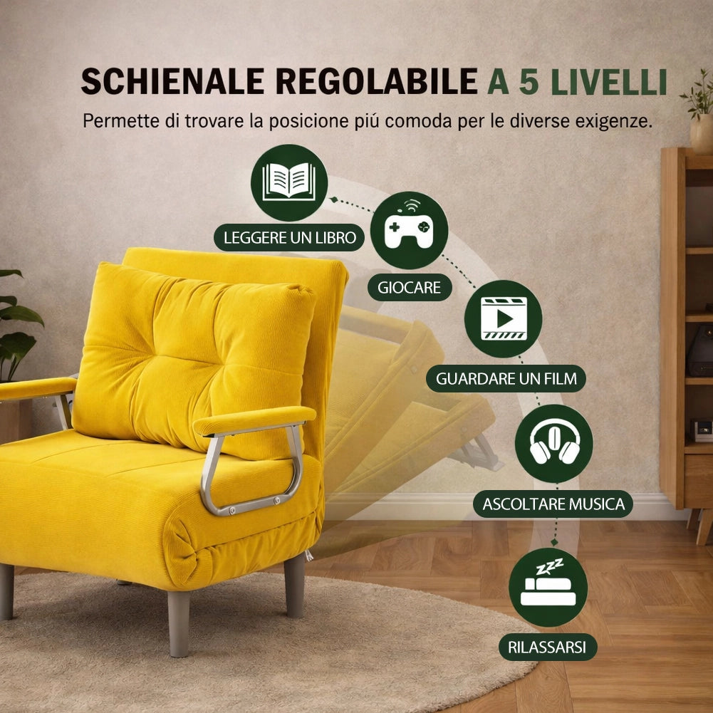 Poltrona Divano Letto Singolo Reclinabile Mostarda Rivestimento Velluto a Coste