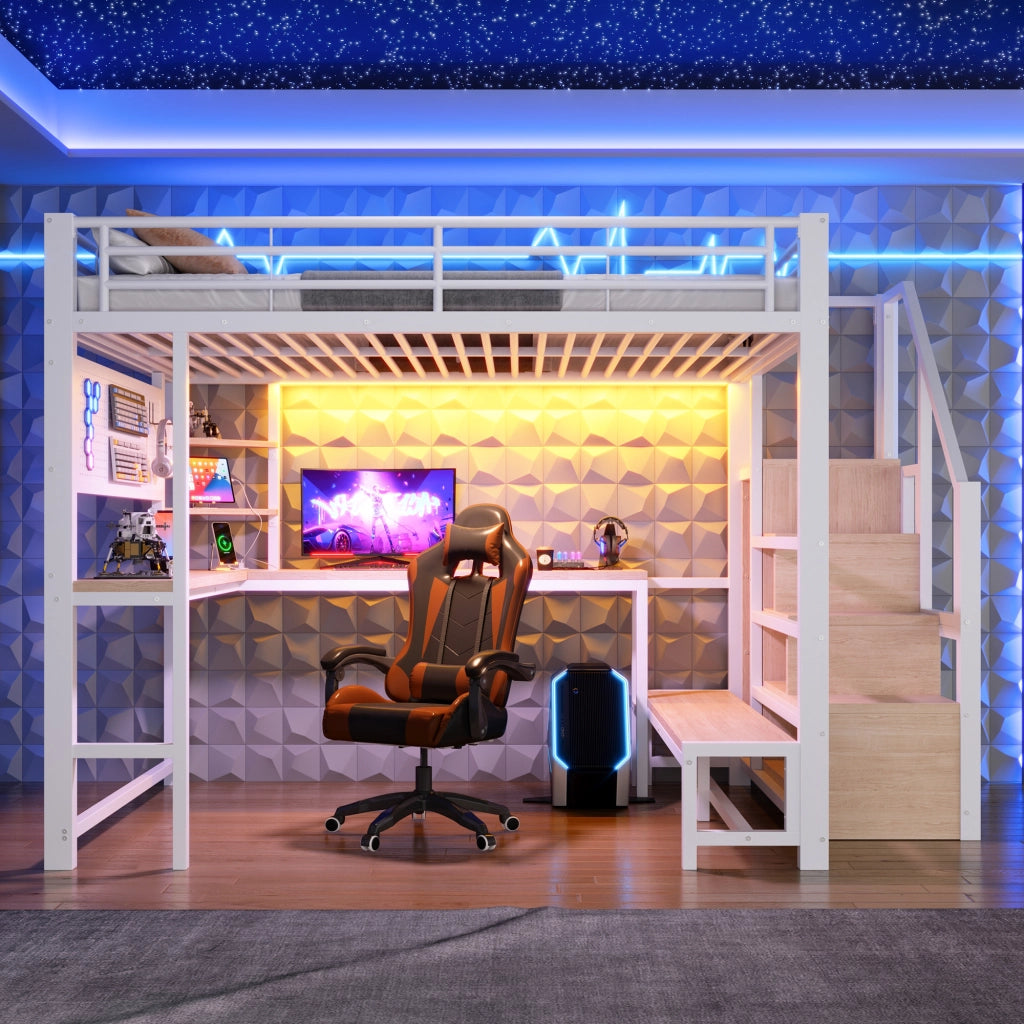 Letto a soppalco in metallo 140x200 cm, letto alto matrimoniale con scrivania, pannello forato, scala contenitore, prese USB/USB-C, ripiani e illuminazione LED, bianco