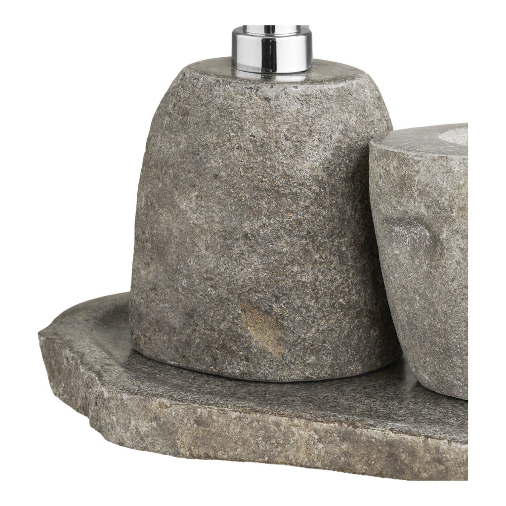 Set bagno Gara in pietra riverstone — dispenser, portaoggetti e vassoio