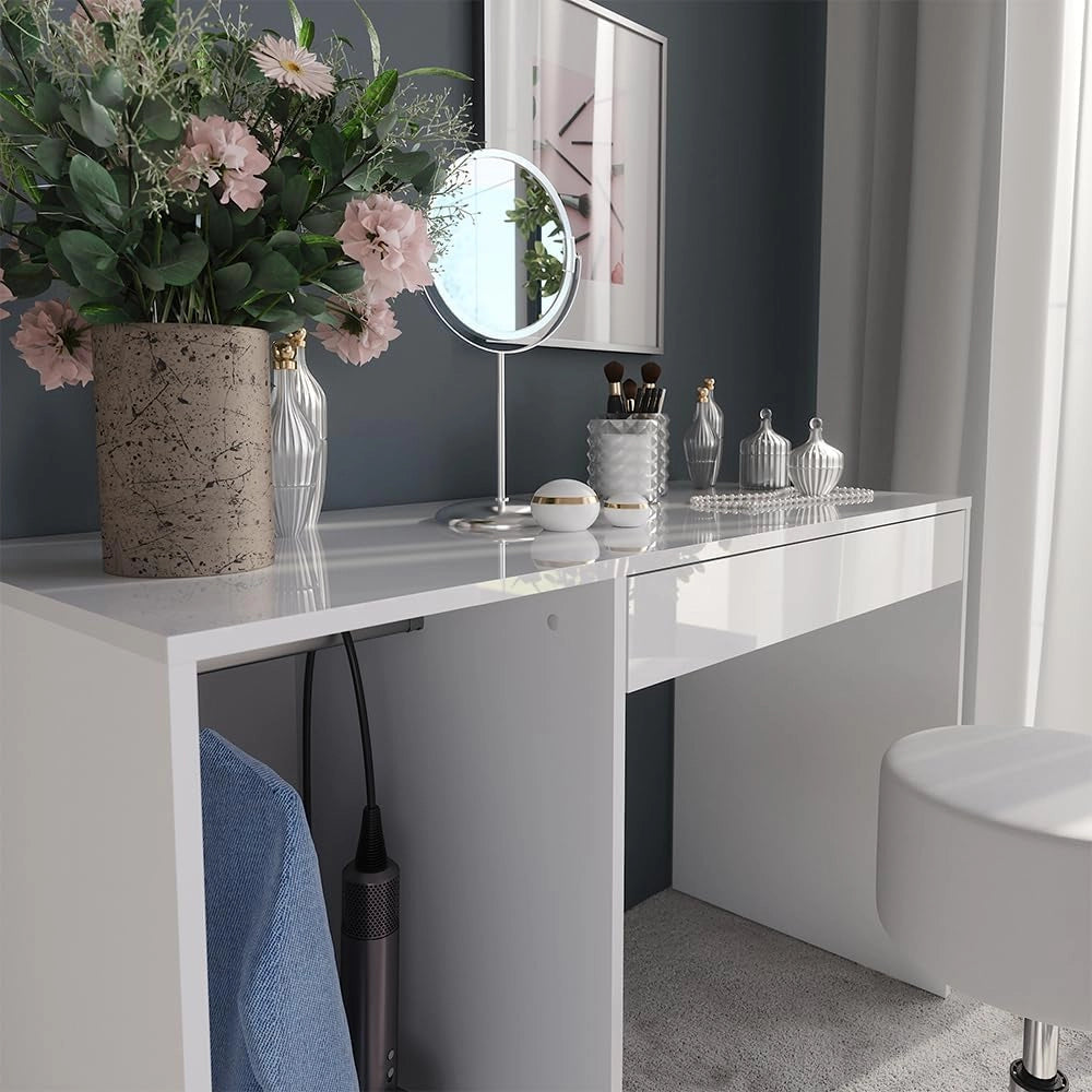Tavolo da toeletta Sherry, Bianco/bianco lucido, 119.8 cm con sgabello