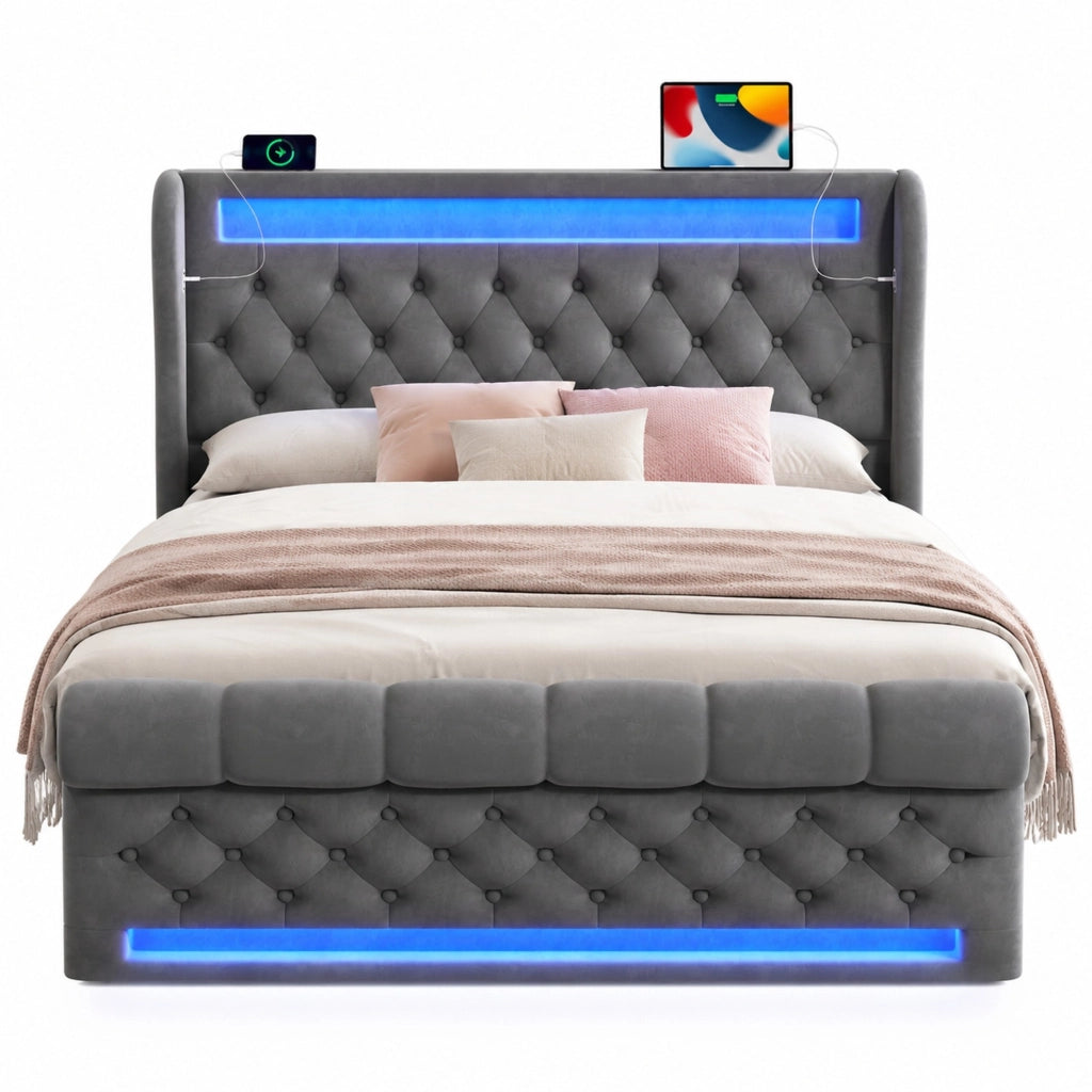 Letto imbottito in velluto con LED, porta USB e contenitore idraulico