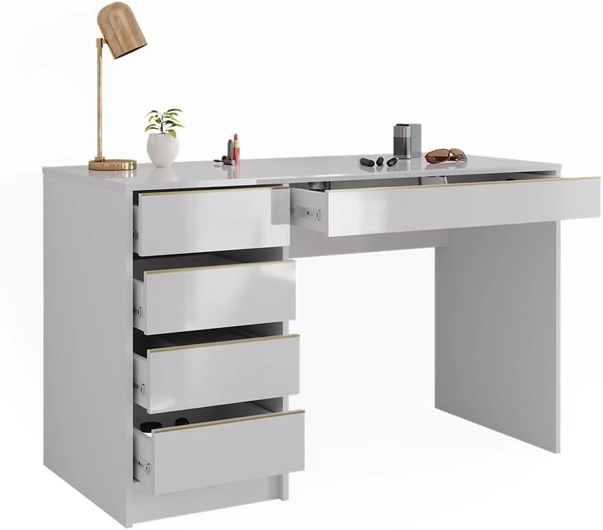 Tavolo da toeletta Sherry, Bianco/Oro, 120 cm Senza specchio, 5 cassetti per diverse esigenze di conservazione