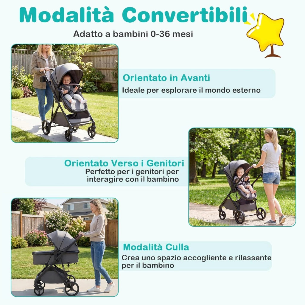 2 in 1 Passeggino Leggero Pieghevole per Bambini, con Schienale Regolabile, Sedile Reversibile, Tettuccio, Cestello Portaoeggetti, per Neonati per 0-36 Mesi (Grigio)