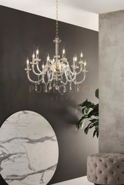 LAMPADARIO DIDO 12 LUCI CRISTALLO E ORO ATTACCO E14 D.83CM