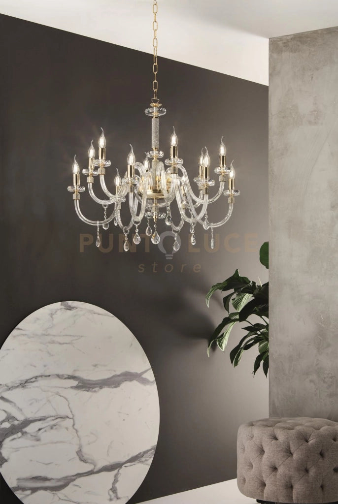 LAMPADARIO DIDO 12 LUCI CRISTALLO E ORO ATTACCO E14 D.83CM
