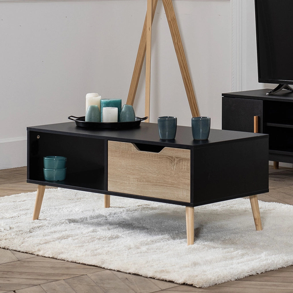 FREJATavolino nero in stile scandinavo con cassetto