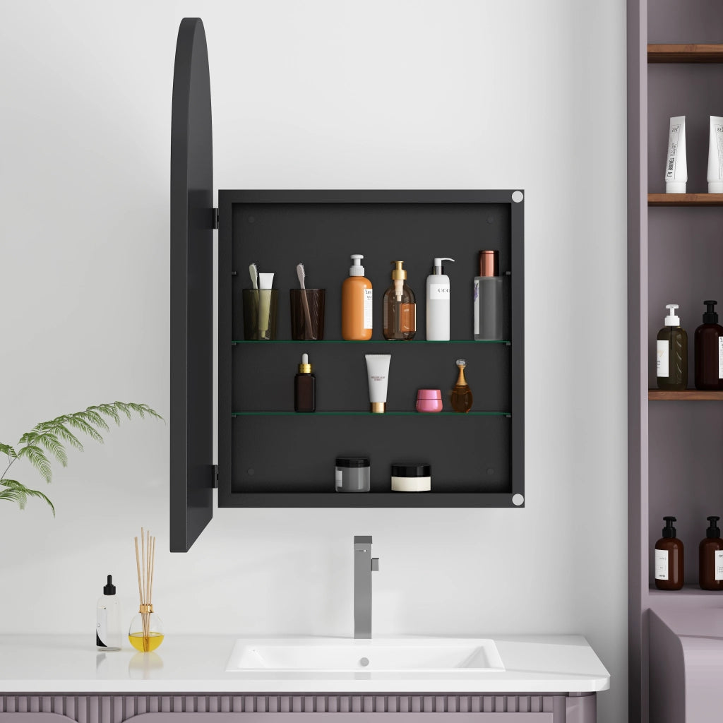 Mobile con specchio ad arco con 2 ripiani in vetro e montaggio a parete o a incasso per bagno; nero