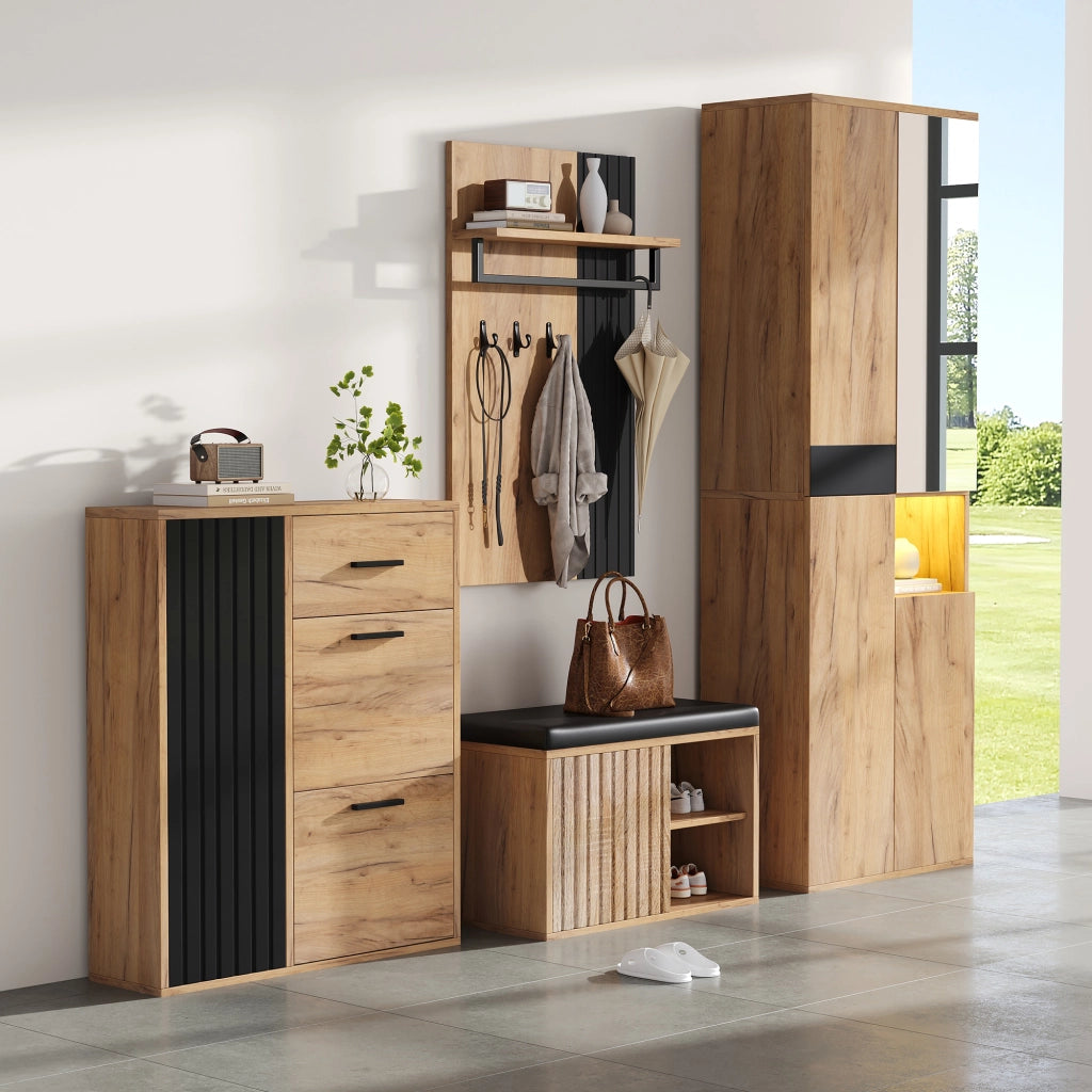 Mobili d'Ingresso con Armadio; Scarpiera; Panca e Appendiabiti; Specchio; Stile Moderno; in Pannello Truciolare; Naturale+Nero; 215×36×190 cm