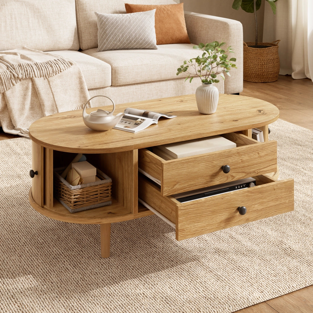 Tavolino da Salotto Ovale con 2 Cassetti e Ante Scorrevoli in MDF ¨C MINIMAL