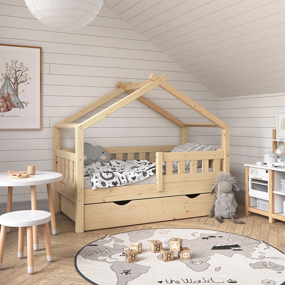 Vitalispa Letto montessori bambini Legno naturale 70x140 cm con cassetto e materasso