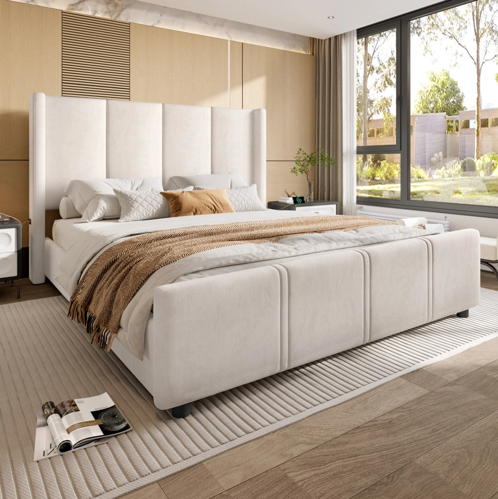 Letto imbottito 140x200 cm con testiera alta e porte USB/Type-C; rivestimento in velluto beige