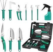 Set di attrezzi per giardinaggio da 10 pezzi, set di attrezzi per giardinaggio con zappa, macchina per piantumazione, rastrello, sega da giardino, rastrelliera e borraccia per acqua.