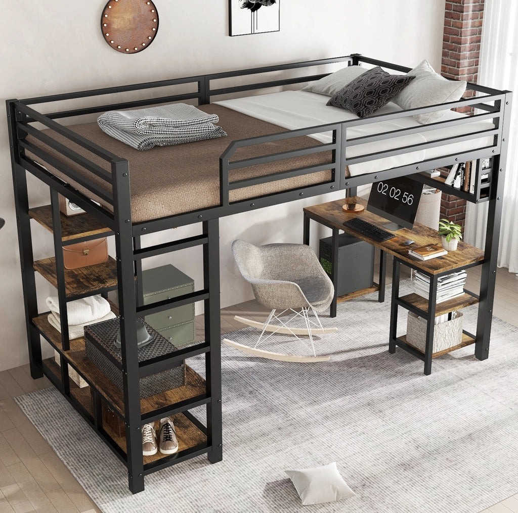 Letto a soppalco 120x200 cm con scrivania e ripiano; struttura in metallo e legno; nero e noce scuro