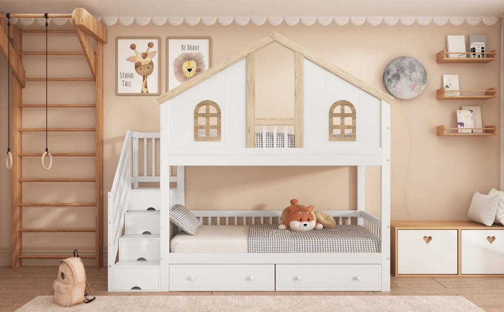 Letto a castello con protezione antifallimento e finestre in legno massello e MDF 90x200 cm