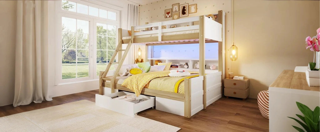Letto a castello 90 × 200 cm e 140 × 200 cm con LED, scomparti, cassetto, senza materasso, pino bianco e naturale