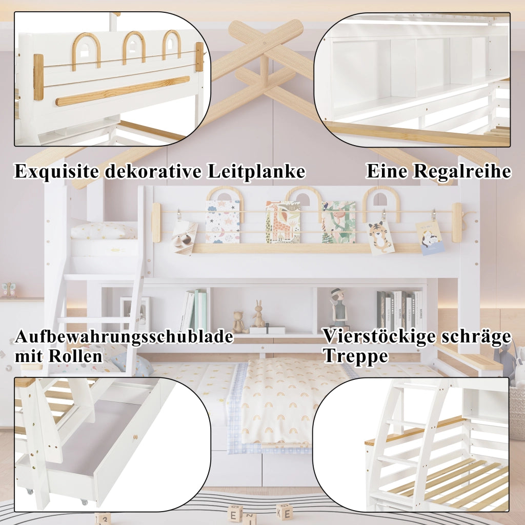 Letto a Castello 90x200 cm e 120x200 cm con 2 Cassetti; Scala e Mensola; Bianco Naturale