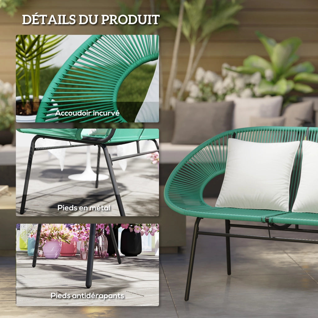Panchina da giardino 2 posti in acciaio e corda di resina con 2 cuscini ¨C zephmum ¨C verde scuro 132x72x83 cm