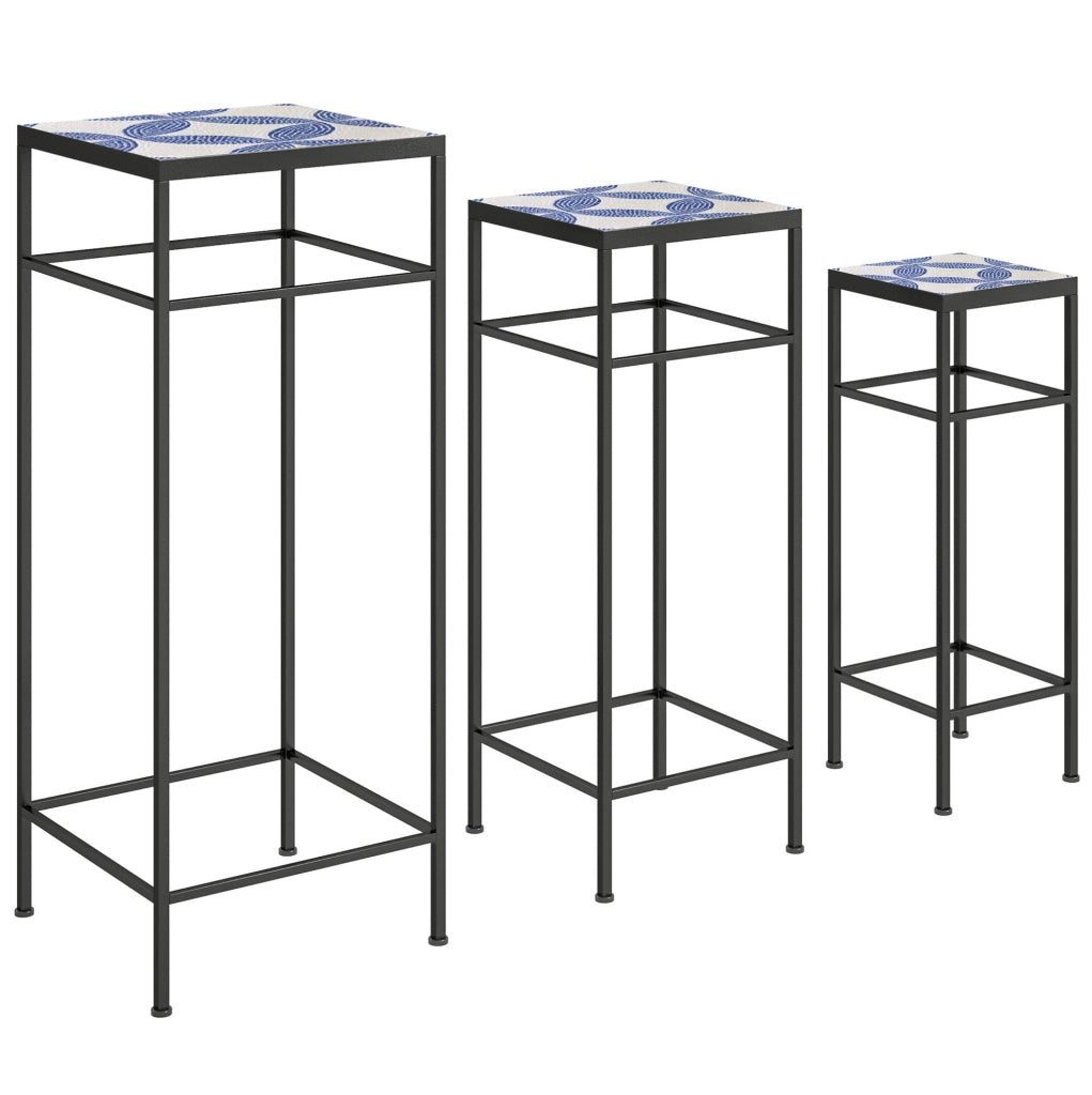 Set di 3 Supporti per Piante in Metallo con Piano a Mosaico Blu e Bianco, Altezza 71 cm, per Interni e Esterni
