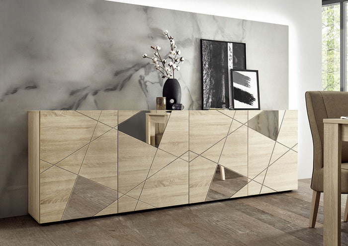 Madia Design Moderno 4 Ante con Serigrafie e Specchi Vittoria 241x42x84 cm Rovere Samoa