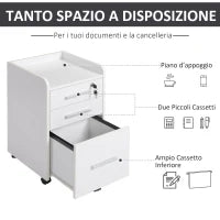 Schedario da Ufficio con 3 Cassetti, 5 Ruote, Cassettiera Ufficio con Serratura e 2 Chiavi per Lettera/Legale/Formato A4, Armadietto Verticale per Studio, 39.2x40x65.4 cm, Bianco
