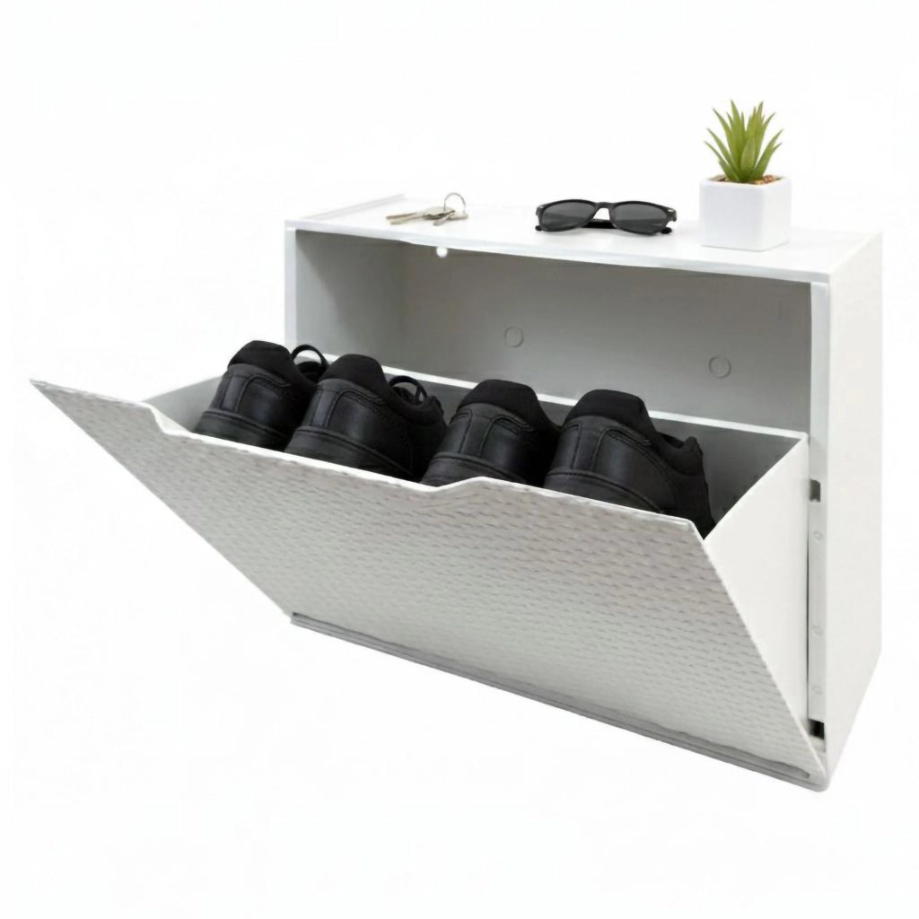 Scarpiera con 1 anta a ribalta in polipropilene effetto Aseo, Set componibile da interno o esterno, 100% Made in Italy, cm 51x18h40, colore Bianco