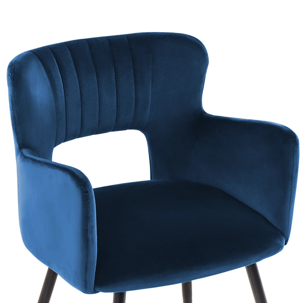 Set di 2 sedie da pranzo velluto blu marino braccioli schienale intagliato gambe in metallo moderna industriale