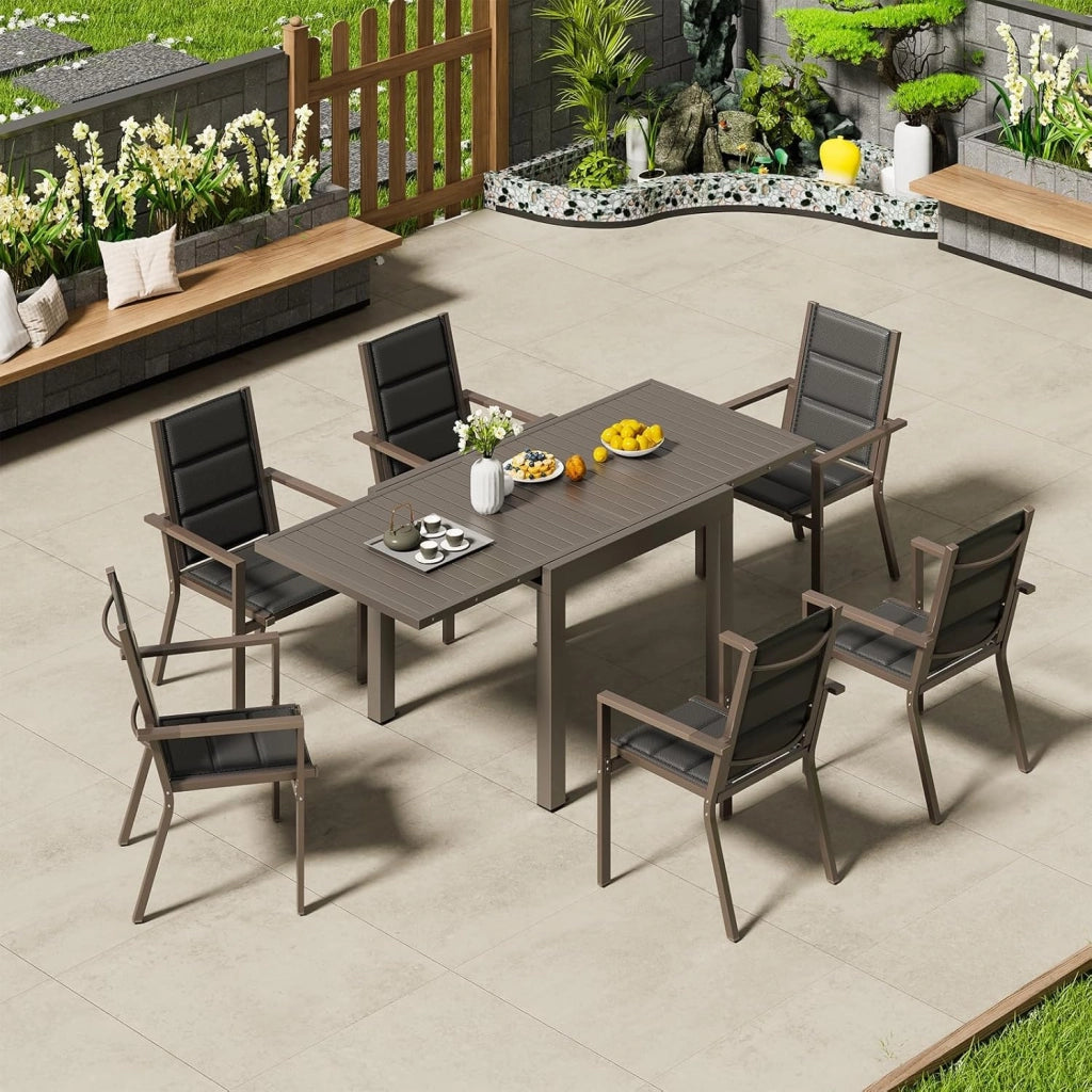 6 Persone Set Tavolo e Sedie Da Giardino In Alluminio, 6 Sedie Impilabili e 1 80-160CM Tavolo Da Giardino Allungabile In Alluminio, Set Da Giardino Esterno, Marrone