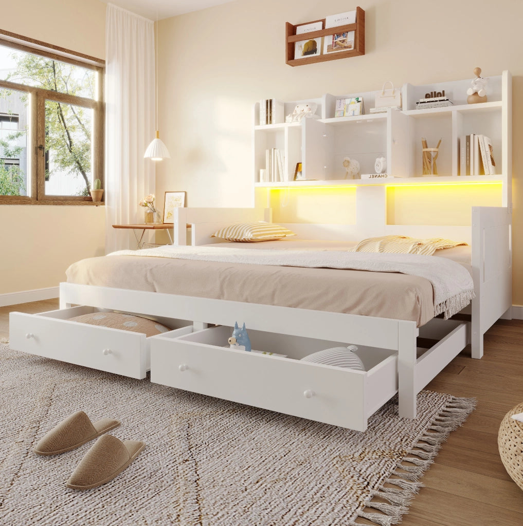 Divano letto estraibile 90x190 cm con LED e prese, bianco