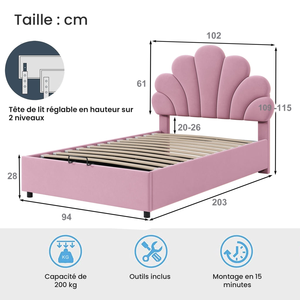 Letto Contenitore Letto Singolo 90×200 cm con Testiera Regolabile e Apertura Idraulica; senza Materasso; Rosa