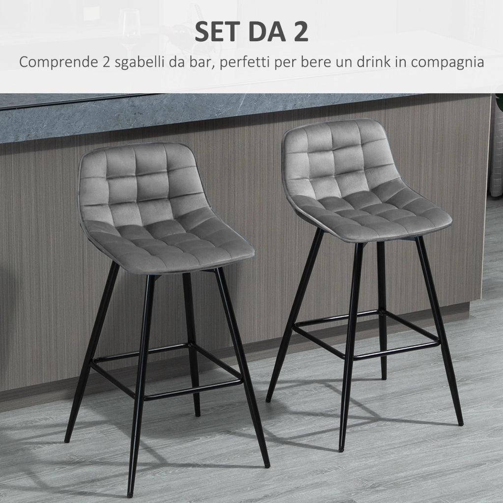 Set 2 Sgabelli Alti in Stile Nordico con Schienale e Poggiapiedi, Sgabelli con Schienale in Tessuto Effetto Velluto e Metallo, 45x47x88 cm, Grigio