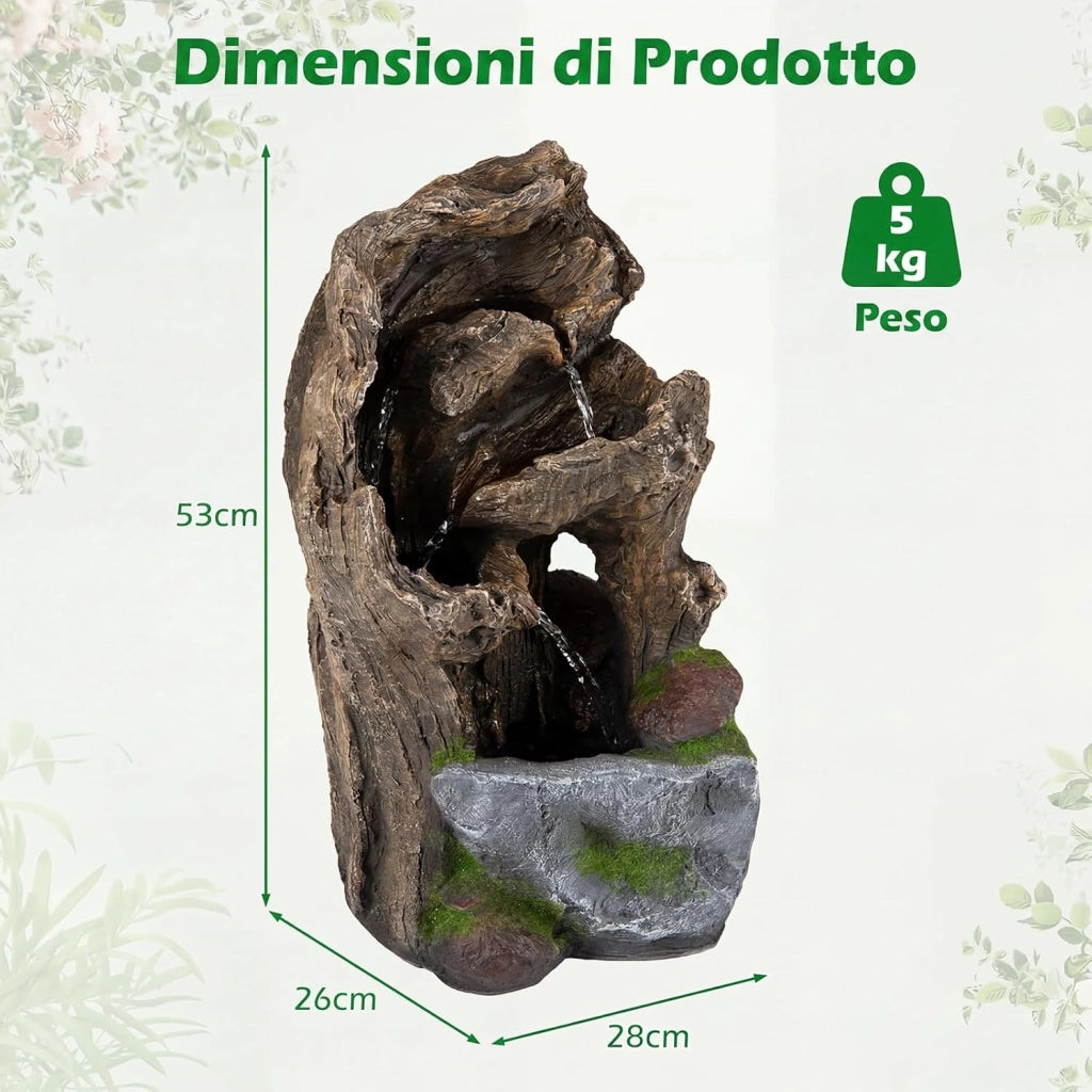 Fontana a Cascata, Fontana da Esterno con Illuminazione LED, Pompa e Muschio Artificiale, Ornamento Cascata in Stile Roccia per Cortile, Balcone e Salotto, 30,5 x 26 x 53 cm