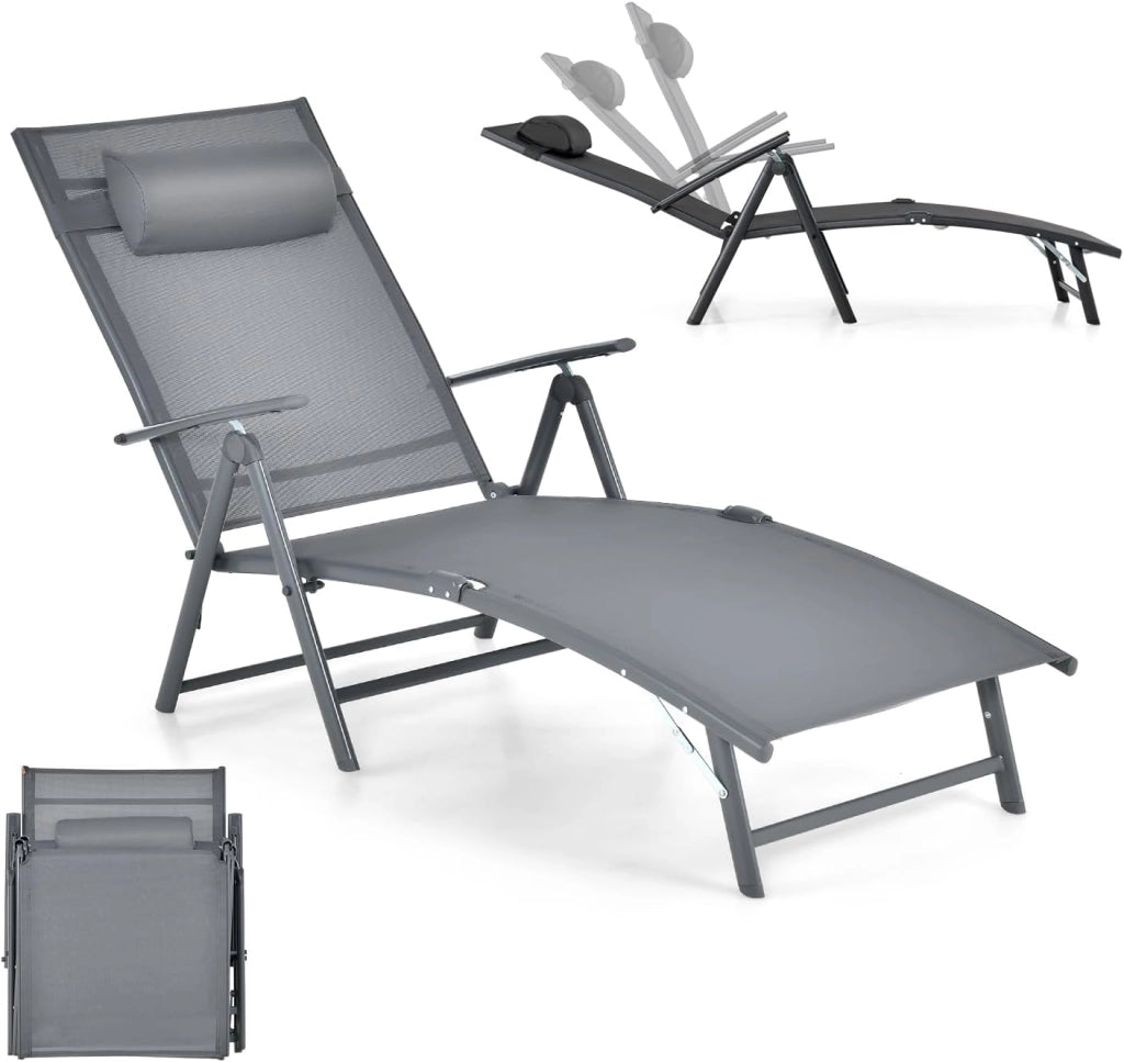 Sedia a sdraio con poggiatesta, lettino pieghevole con schienale regolabile in 7 posizioni, carico 150 kg, sedia da esterno ergonomica con braccioli, 142 x 61 x 103 cm (nero)
