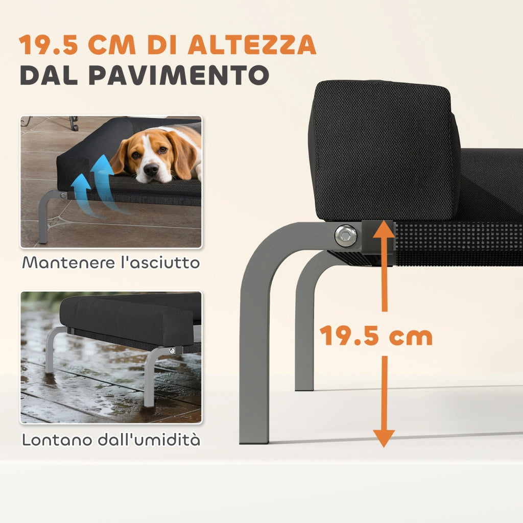 Brandina per Cani Rialzata 110x75x30 cm con Cuscino a U in Tessuto Nero e Argento