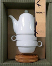 Set 2 Tazze Teiera caffettiera a servire in porcellana e Bamboo Bianca