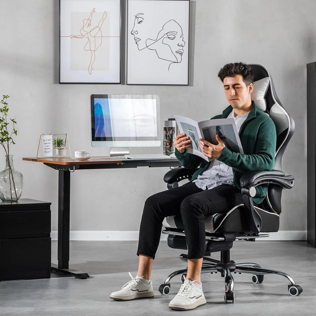 Sedia da gaming, da ufficio, da gioco, ergonomica, con poggiapiedi, per massaggi, cuscino lombare, imbottita, sedia girevole, colore: bianco
