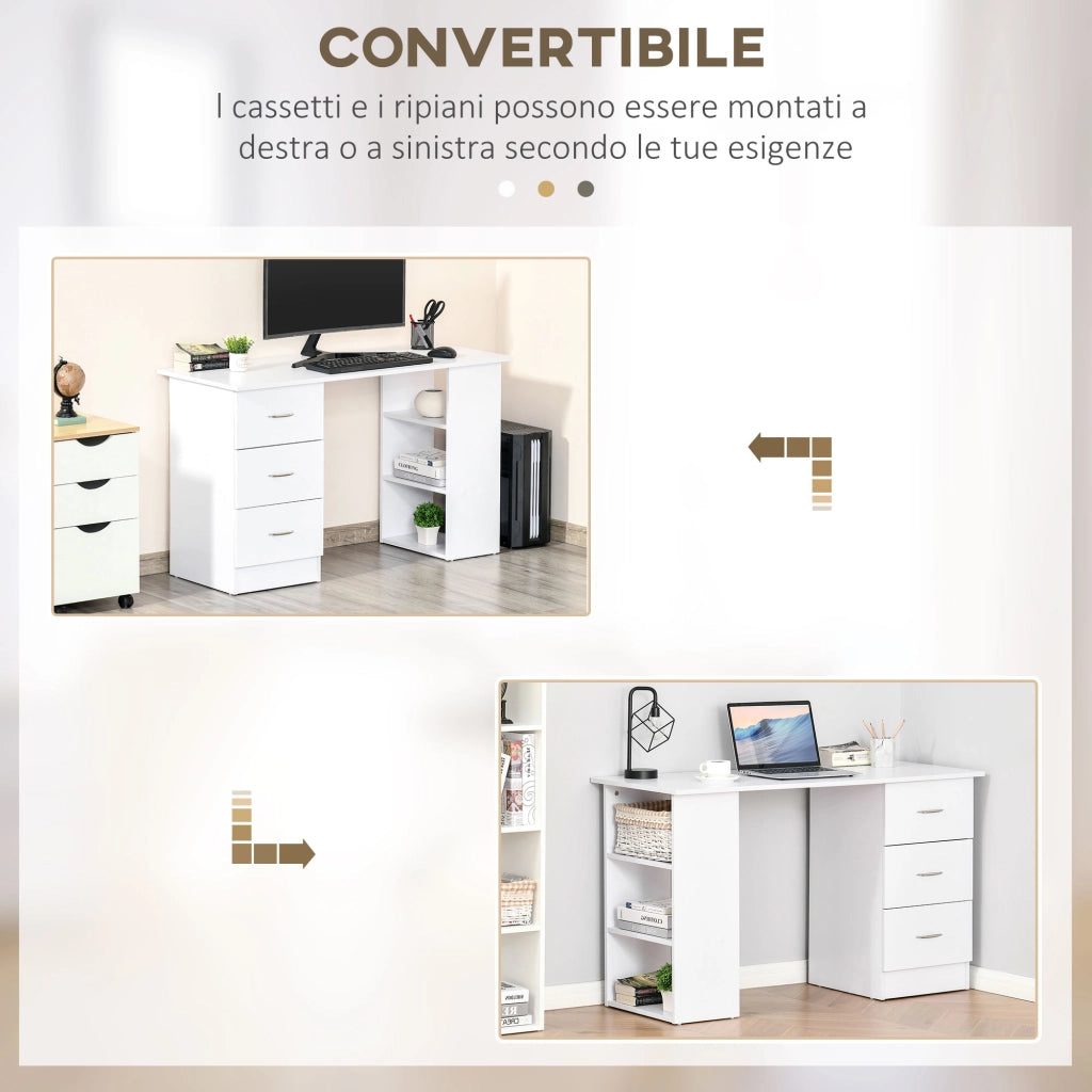 Scrivania Porta PC con 3 Cassetti e 3 Ripiani, Scrivania per Camera e Ufficio in Legno 120x49x72cm Bianco