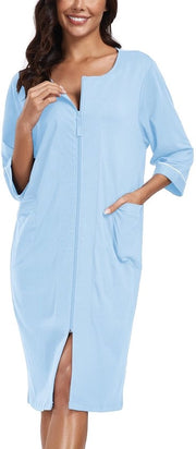 Vestito da bagno femminile colorato con cerniera, giacca leggera in cotone 100%, pigiama con maniche 3/4 e tasche (blu chiaro, 2XL)